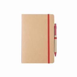 A notebook with a brown cover featuring a red elastic band and a pink pen attached.