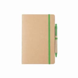 A notebook with a kraft cover featuring a green elastic band and a green pen attached.