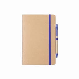 A notebook with a kraft cover, blue elastic band, and a matching blue pen attached. It features a simple design and branding.