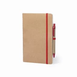 A tan notebook with a red elastic band and a matching pen attached on the side.