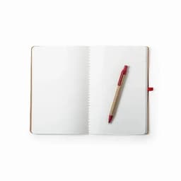 A blank notebook with a spiral binding and a red pen placed on the right side. The cover is brown.
