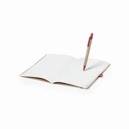 A notebook with blank white pages and a red pen placed diagonally on top, featuring a brown cover.