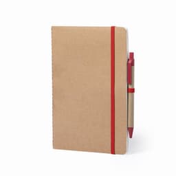 A notebook with a brown cover, featuring a red elastic band and a red pen attached. It has a simple logo.
