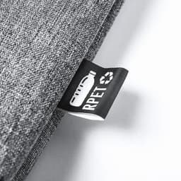 A fabric label featuring a logo on a grey material, indicating the product is made from recycled materials.