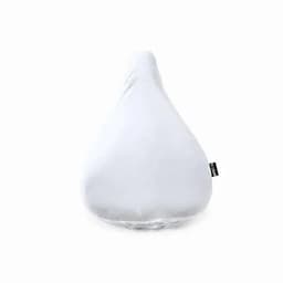 A bean bag chair in a soft white colour, featuring a tag on the side, with a simple teardrop shape.
