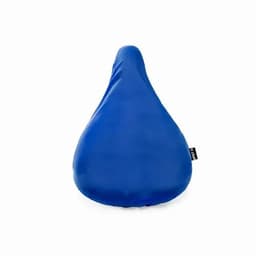 A blue drink bottle with a teardrop shape, featuring a simple design and a branding logo.