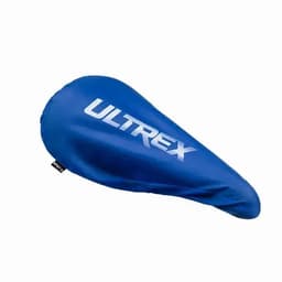 A bike seat cover in bright blue, featuring a prominent white logo.