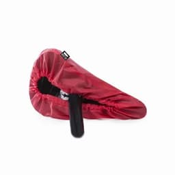 A bike seat cover in bright red, featuring a black underside and elastic edges for a secure fit.