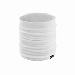 A drink bottle in a textured white design with a logo and a rounded top.