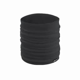 A black multifunctional headwear accessory, featuring a gathered texture and a small logo at the bottom.