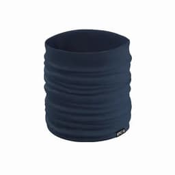 A navy blue neck gaiter with a textured, gathered design and a small logo tag on the side.