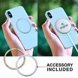 A phone with a circular magnetic accessory attached, featuring a branding logo, held in a person's hand.