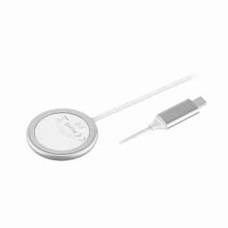 A wireless charger in silver with a USB-C connector and a circular charging pad.