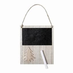 A wooden wall sign featuring a chalkboard section, a carved tree design, and a hanging rope.