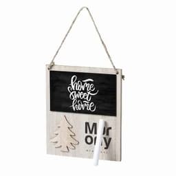 A decorative wooden sign featuring the phrase "Home Sweet Home" with a tree design and a blank chalkboard section.
