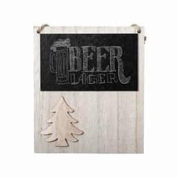 A decorative wooden sign featuring the word "BEER" and "LAGER" on a black chalkboard background, with a carved tree design.