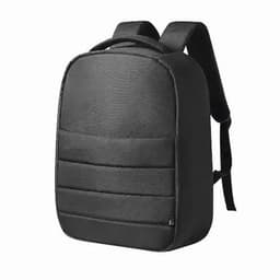 A backpack in black, featuring a padded exterior and adjustable shoulder straps. It has a sleek, minimalist design.