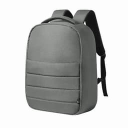 A grey backpack with a padded front, adjustable straps, and a structured design. It features a logo on the side.