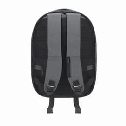 A black backpack featuring grey straps, designed with a sleek, anti-theft style and equipped with a logo.