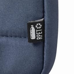 A drink bottle in navy blue with a logo tag indicating it is made from recycled materials.