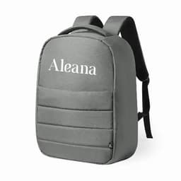 A grey backpack with a padded front, featuring a logo on the front and adjustable straps at the back.