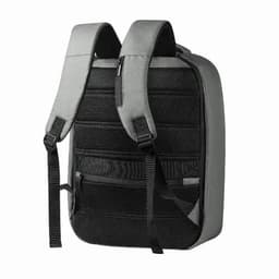 A backpack in grey and black featuring padded straps and a textured back panel. It has a zippered pocket and a logo.