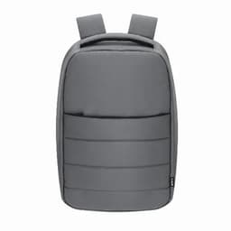 A grey anti-theft backpack with padded front and adjustable shoulder straps, featuring a branding logo.