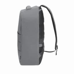 A grey anti-theft backpack features a sleek design with adjustable straps and multiple compartments. It includes a logo.