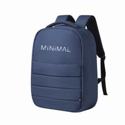 A navy blue backpack with a padded front and adjustable straps, featuring a logo on the front.