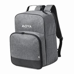 A grey backpack featuring a simple design and a logo on the front, with adjustable straps.