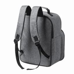 A grey backpack with padded straps and a simple design, featuring side pockets.