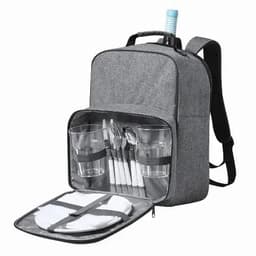 A grey backpack with a compartment holding cutlery, glasses, and plates, along with a drink bottle on top.