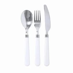 A set of stainless steel cutlery including a spoon, fork, and knife with white handles.