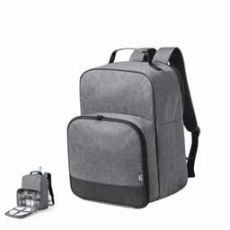 A grey backpack with a front pocket and an additional smaller bag featuring compartments for organisation.
