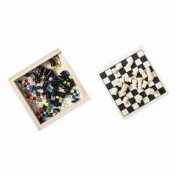 A wooden box containing colourful game pieces beside a black and white checkered board with white pieces.