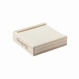 A wooden box with a sliding lid, featuring a light timber finish and a logo.