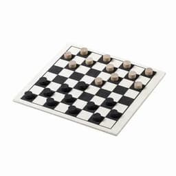 A wooden game board featuring a checkered pattern with black and white pieces arranged on it. It has a logo.