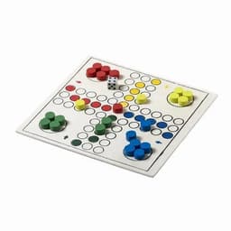 A board game featuring a square layout with green, red, blue, and yellow game pieces and a die in the centre.