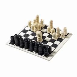 A chess set featuring black and white pieces arranged on a checkered board. The board is white and black.