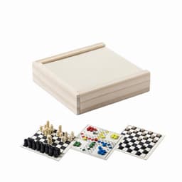 A wooden game set featuring a light-coloured box and pieces for chess, Parchesi, and checkers.