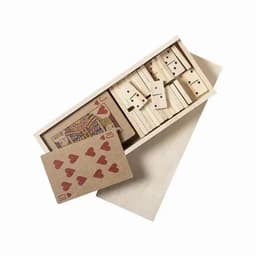 A wooden box containing playing cards and dominoes, featuring a heart design and natural wooden pieces.
