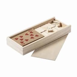 A wooden box containing playing cards and dominoes, featuring a light wood finish.