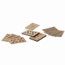 A set of playing cards featuring various suits, in a beige and brown colour scheme, with one card face-up.