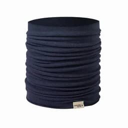 A neck gaiter in dark blue with a textured, stretchy design and a small tag on the bottom.
