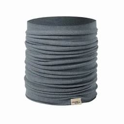 A grey multi-functional neck warmer with a soft, textured appearance and an organic tag at the bottom.