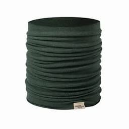 A green multifunctional neck gaiter with a textured design and an organic fabric tag at the bottom.