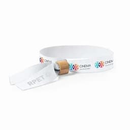 A white event wristband with a wooden clasp and a logo, designed for exhibitions and events.
