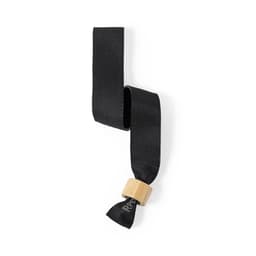 A black ribbon with a wooden bead attached, designed as part of a promotional product.