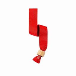 A red ribbon with a wooden bead. The ribbon is textured and features a looped design.