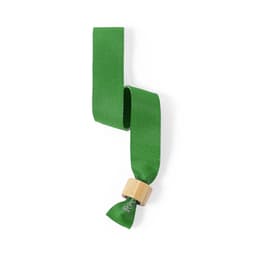 A green ribbon with a wooden bead at one end, featuring a textured finish.